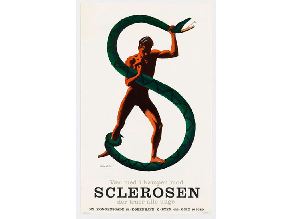 Plakat af illustreret mand, der kæmper mod en slange. På plakat læses teksten: Vær med i kampen mod sclerosen, der truer alle unge.