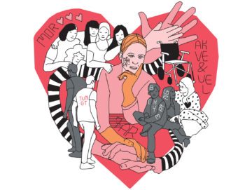 Illustration af et hjerte, hvori der sidder en kvinde omringet af personer og forskellige symboler.