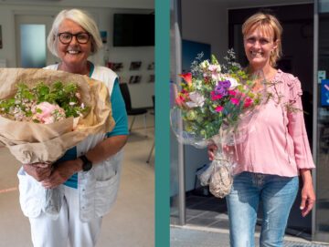 Vindere af MS Prisen, Lisbeth Funch Hansen og Annelise Eisenreich står og smiler med en buket blomster i hænderne.