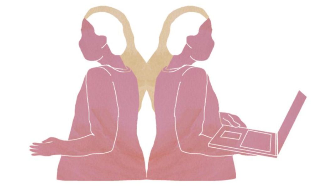 Illustration af to kvinder. Den ene holder en computer.