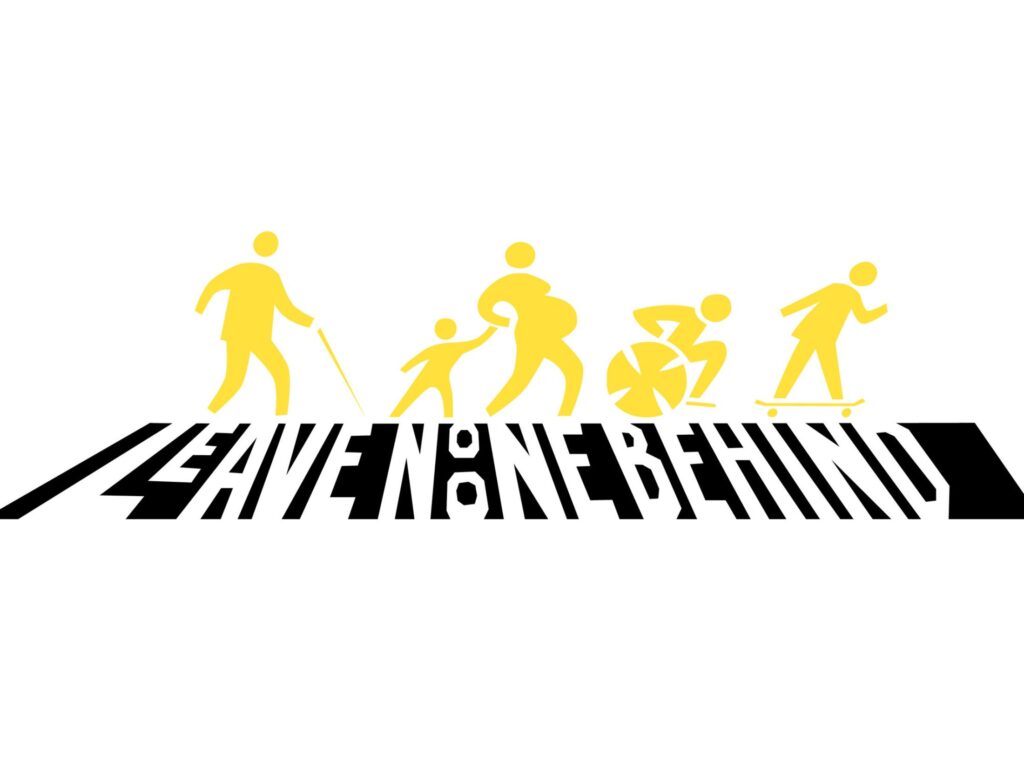 Illustration af personer, der transporterer sig frem på forskellige måder på en vej, hvor der står 'Leave none behind'.